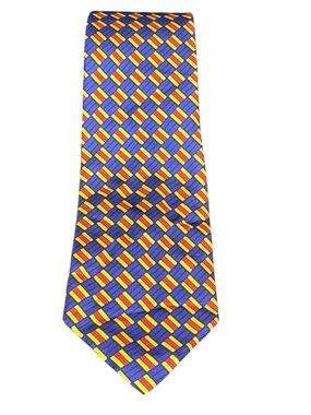 Façonnable 100% Silk Necktie Royal Blue Yellow Red Geometric Basketweave French